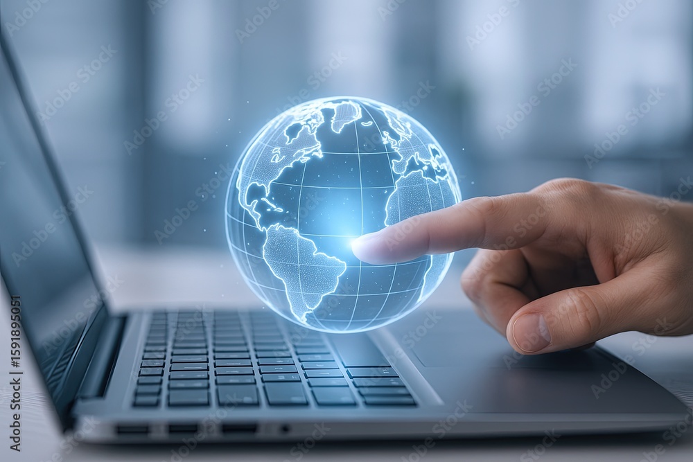 Poster futuristic digital globe hologram displayed above laptop keyboard showing global connectivity.