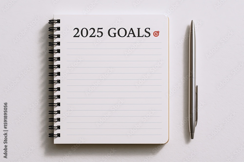 Poster open notebook with 2025 goals and objectives on lined pages with pen beside.