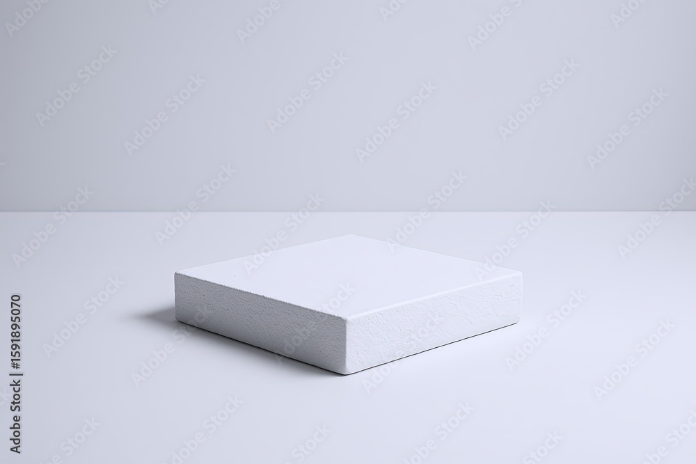 Poster minimalist white square foam block on flat surface with light gray background.