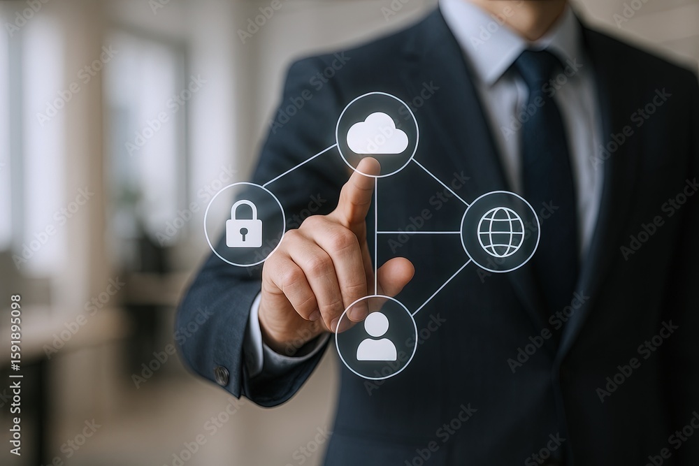 Poster businessman in suit touching cloud computing icons with digital technology interface.