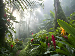 Sun-Drenched Tropical Rainforest Shower with Exotic Flowers