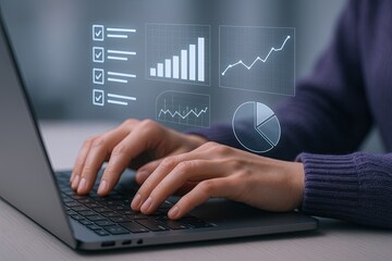 Business professional analyzing financial growth data on laptop screen and chart.