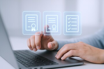 Modern digital document certification and approval process with virtual icons.