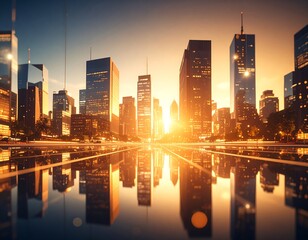 Cityscape at sunrise reflected in water
