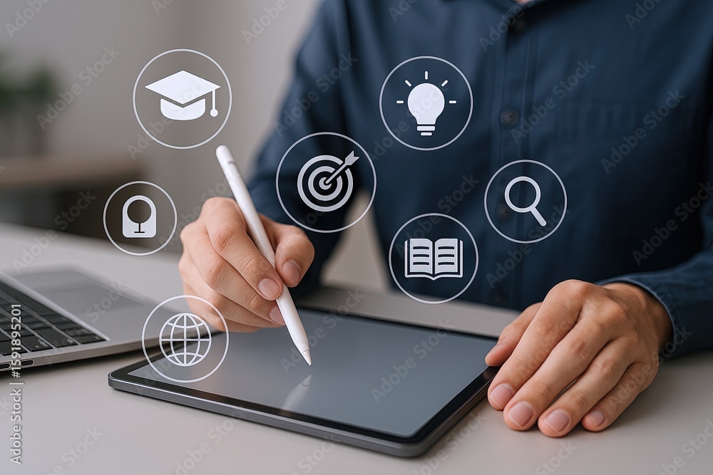 Poster business professional using digital tablet with floating icons representing ideas and technology.