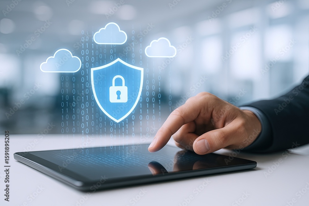 Poster digital security shield with lock icon on tablet in modern office environment.