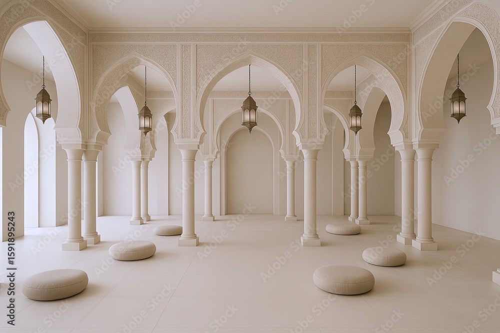Poster elegant and spacious moroccan style architecture with arches and decorative columns.