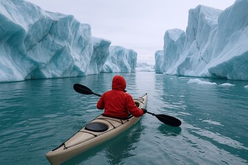 Person kayaking through icy fjord surrounded by tall blue glacier walls under cloudy sky.