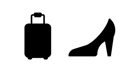 Simple Black Silhouette Icons: Suitcase and High Heel Shoe, Travel, Minimalist Style