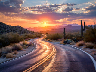 Desert Road Bathed in Golden Sunset Light