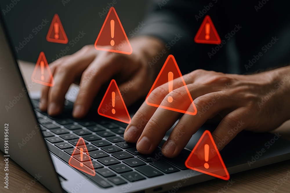 Poster close-up of hands typing on a laptop keyboard with digital warning alert icons overlay.