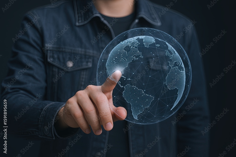 Poster man touching transparent digital globe with global connectivity and technology concept.