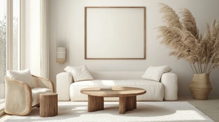 A cozy living room with natural elements.