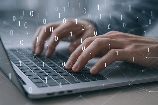 Close-up of hands typing on a keyboard with binary code overlay representing digital technology.