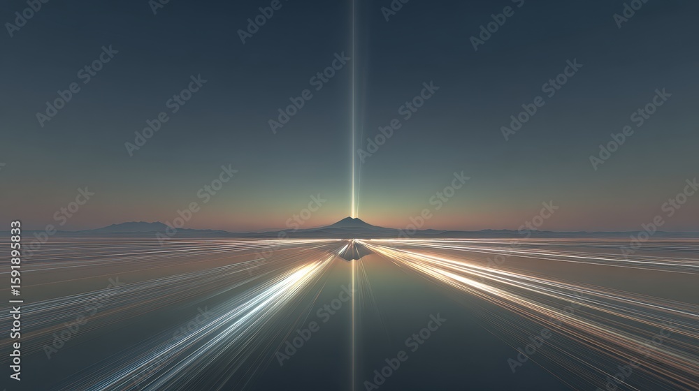Poster a futuristic digital landscape with a symmetrical mountain emitting vertical light beams, surrounded