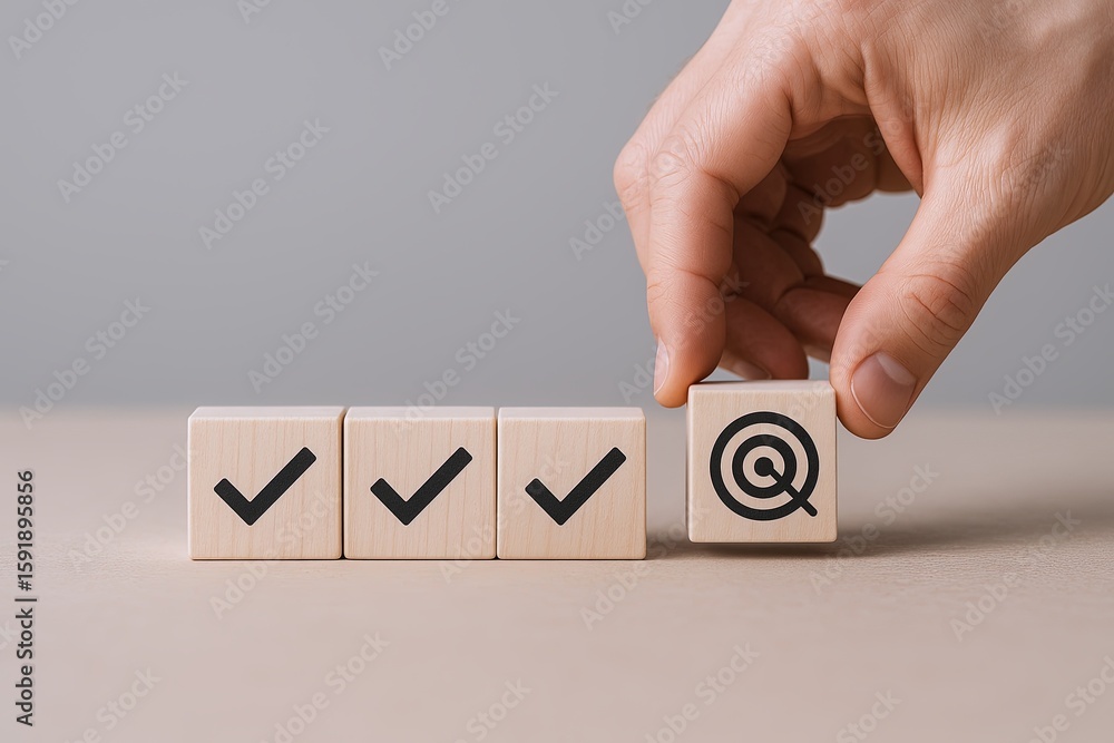 Poster hand placing wooden block with target icon on row of blocks with check marks.