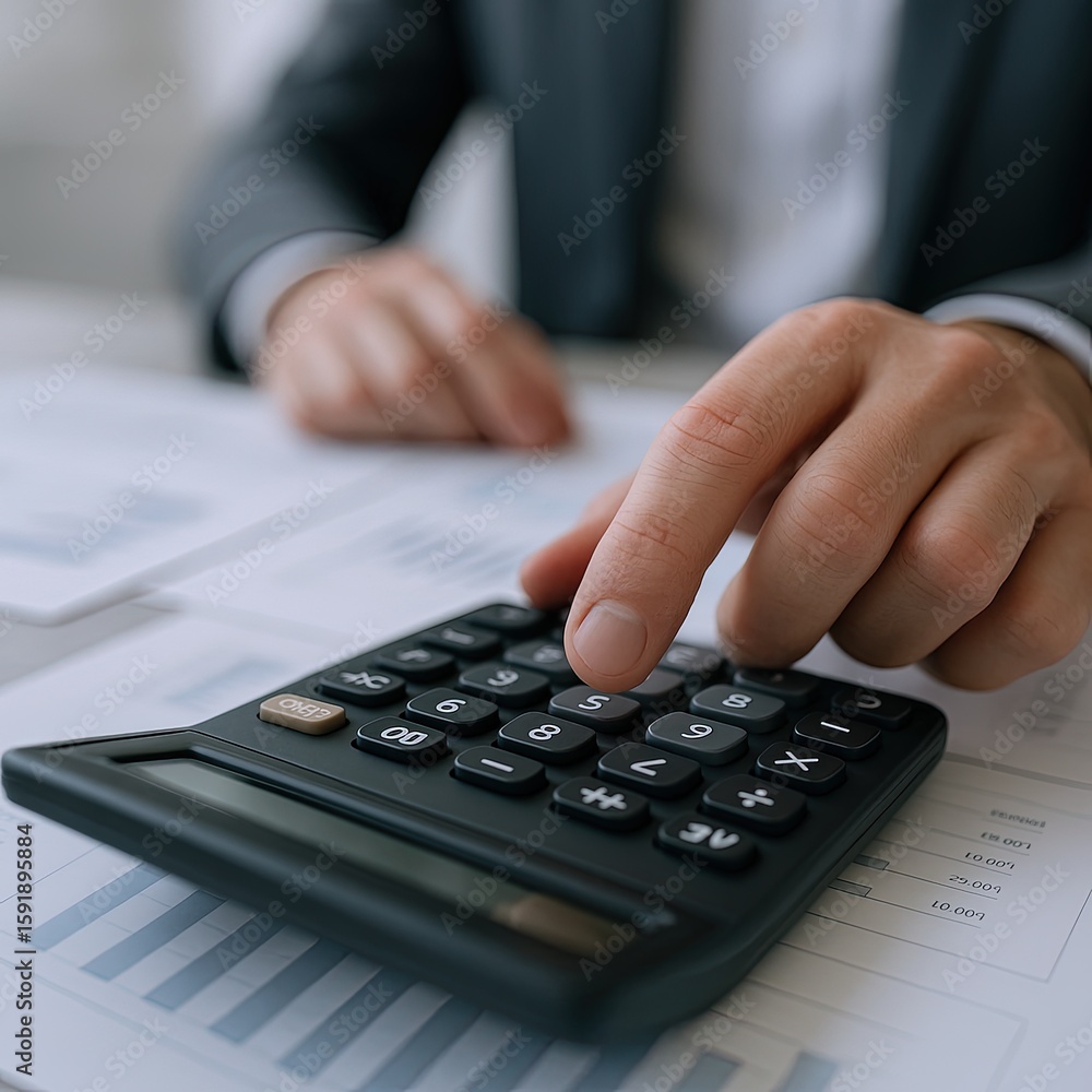 Poster business professional calculating financial data using a calculator and documents in office.