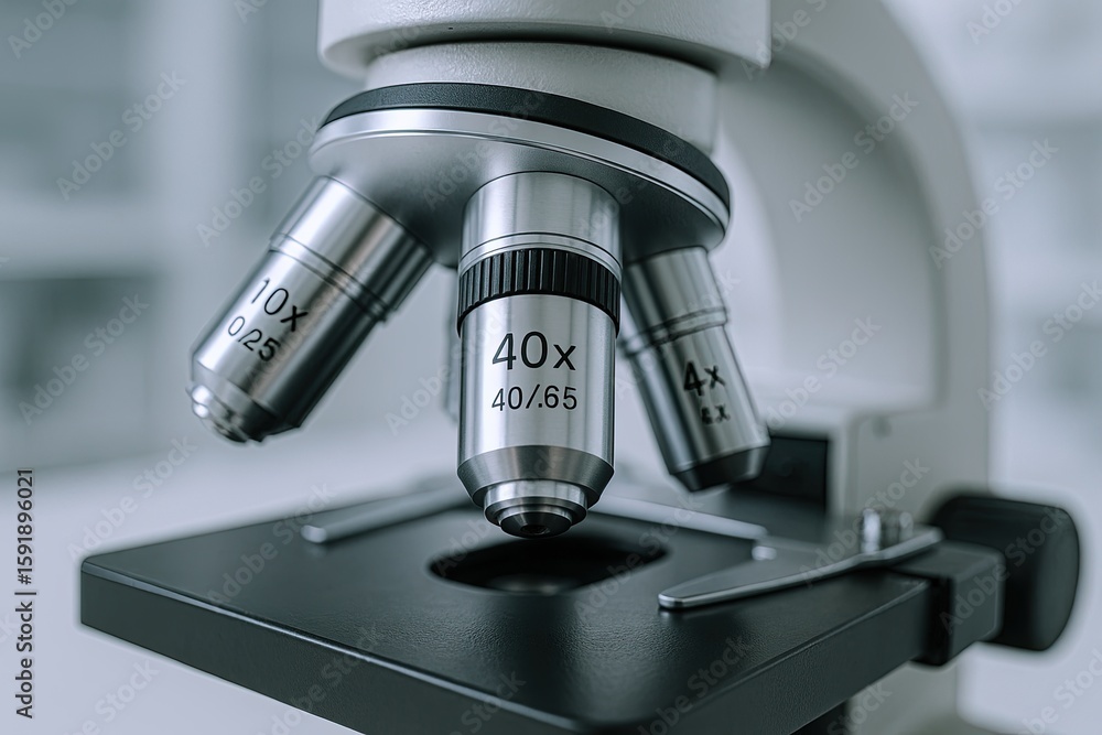 Aufkleber close-up of a modern high-powered laboratory microscope with multiple objective lenses and slide sta