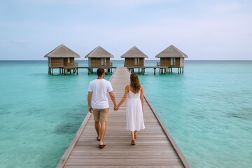 Romantic couple walking hand in hand on wooden pier towards overwater bungalows in turquoise ocean under cloudy sky.