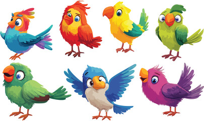 Collection of Cartoon Birds in Various Colors and Styles on White
