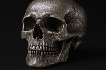 Obraz premium Detailed close-up of realistic skull model with intricate bone texture and shadows.