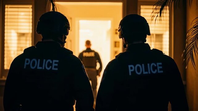 Police officers in tactical gear preparing for a raid, silhouetted against a doorway, symbolizing law enforcement, security operations, and confronting danger in a crisis situation