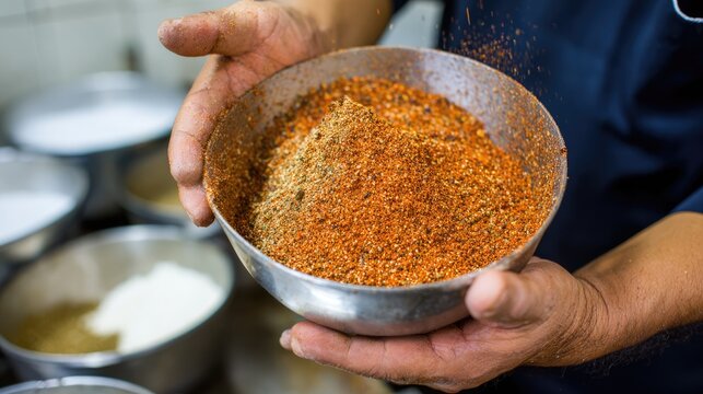Close-up of Arab chef's hand mixing a traditional dry spice rub for meat marination
