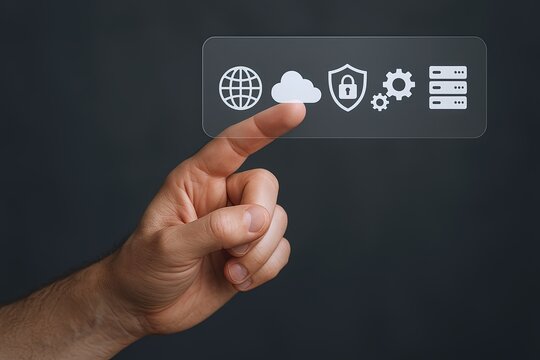 Hand interacting with modern digital icons representing cloud computing and security.