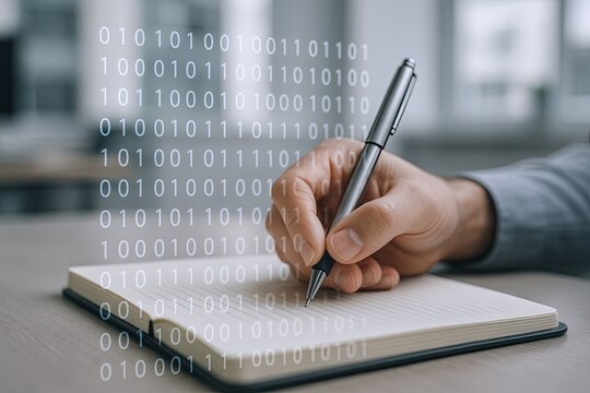 Business Person Writing in Notebook with Digital Data and Binary Code Background.