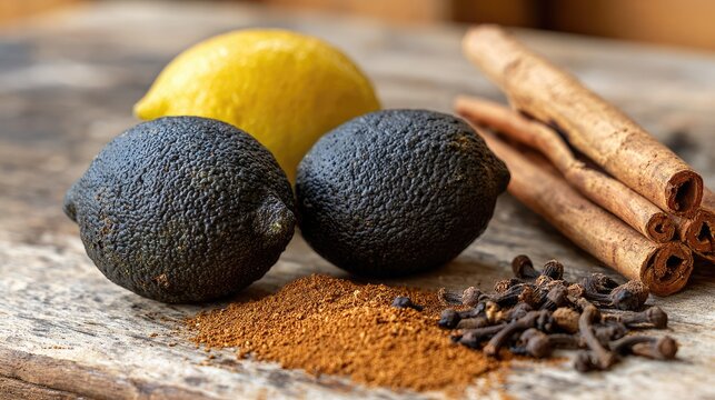 Close-up of black lemon and cinnamon sticks beside crushed cumin powder