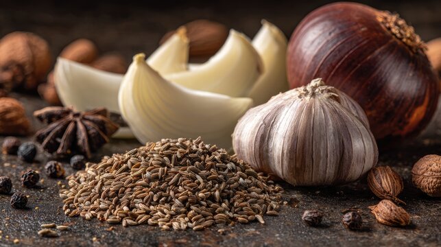 Close-up of cumin seeds and cloves beside sliced onions and garlic
