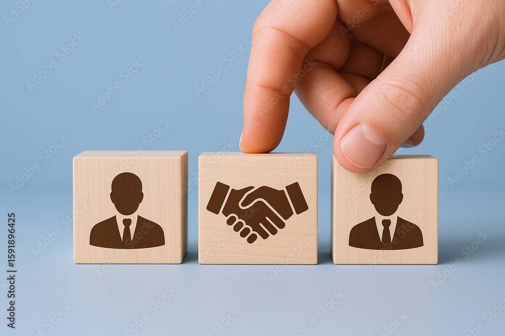 Poster hand placing block with handshake symbol between two professional figures on blue background.