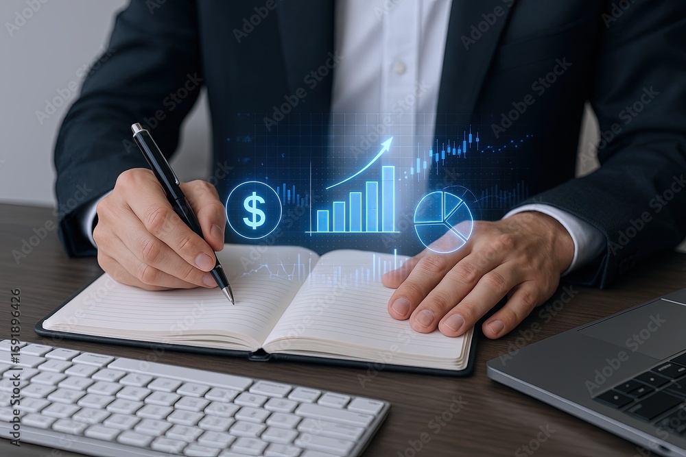 Poster business professional analyzing financial data with digital chart and graphs on notebook.