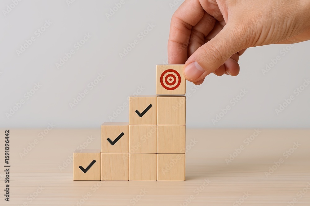 Poster hand arranging wooden blocks with checkmarks and a target symbol on top.