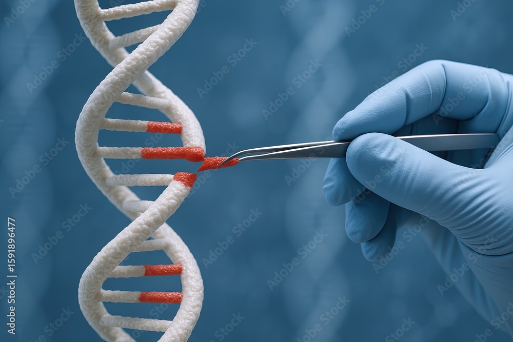 Poster close-up of scientist hand using tweezers to manipulate dna strand in laboratory setting.