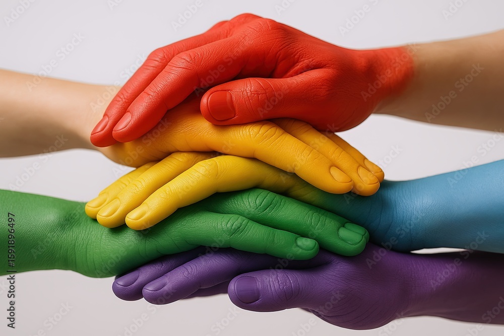 Poster diverse colorful hands stacked together symbolizing unity teamwork and support.