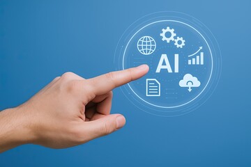 Modern artificial intelligence technology concept with human hand pointing at AI icons on blue background.