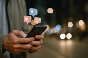 Hands holding smartphone with social media notifications and illuminated background.
