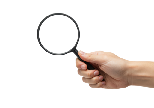 Adult human hand, light skin tone, clean fingernails, firmly grasping a modern, sleek magnifying glass with matte black handle and clear lens on a pristine transparent seamless studio background with