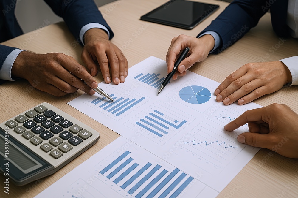 Poster business meeting analyzing financial data with charts and graphs on paper.