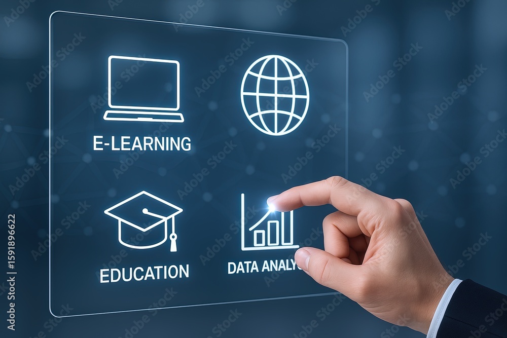 Aufkleber digital education and data analysis concept with hand touching interactive screen.
