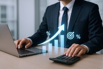Businessman Analyzing Growth Data Using Laptop Calculator and Financial Chart.
