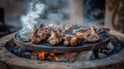 Goat meat grilled over coals with cinnamon and cumin smoke rising in the background