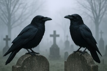 Two black crows perched on gravestones in a foggy cemetery with crosses and trees.
