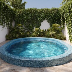 Tranquil backyard oasis featuring a sparkling blue mosaic tiled pool surrounded by lush green foliage and a clear sky