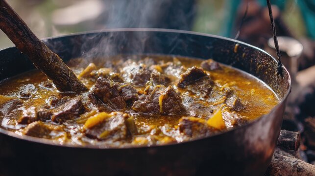 Goat meat curry cooking over firewood with visible use of cardamom and cumin