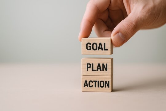 Hand stacking wooden blocks labeled goal plan action on a flat surface with a plain background.