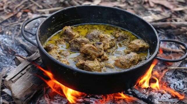 Goat meat curry cooking over firewood with visible use of cardamom and cumin