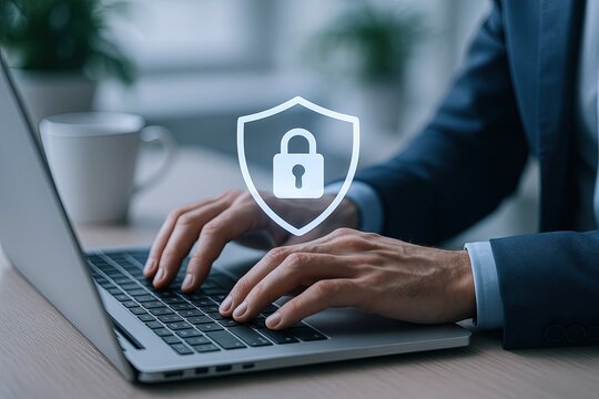 Professional businessman using laptop for cybersecurity important data protection and privacy. - Powered by Adobe