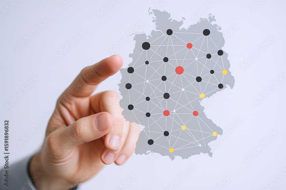 Poster Close-up of a hand pointing at a digital map of Germany with network connections and data points.